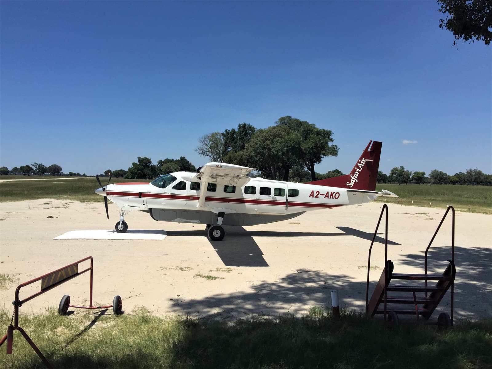 A light aircraft on a bush airstrip in the delta